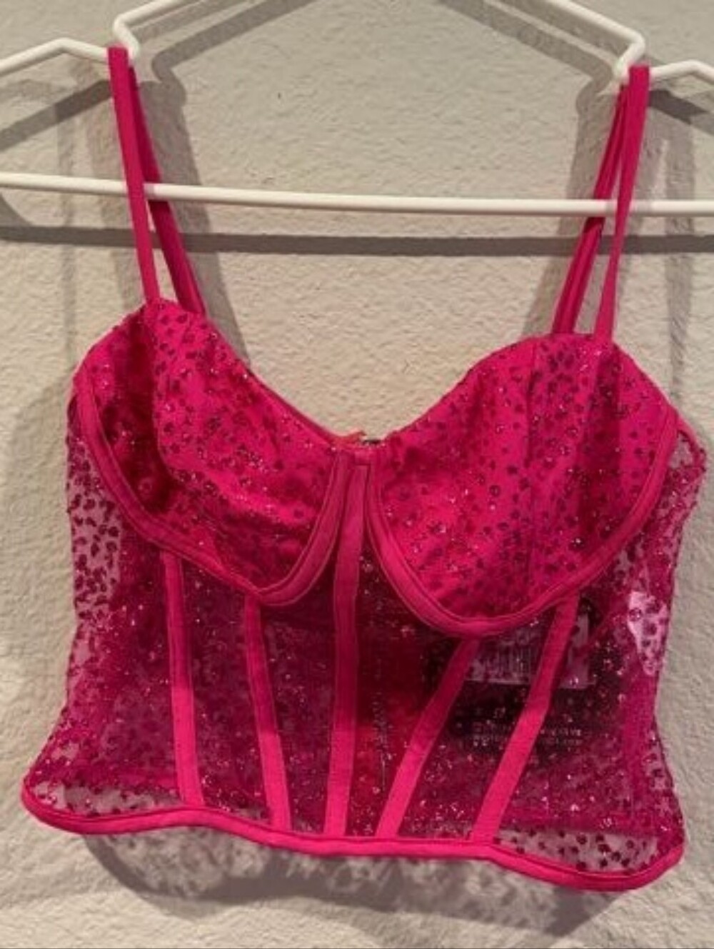 NEW White Fox Womens Hot Pink Fuchsia Sequin Give Me More Bustier Crop Tank S